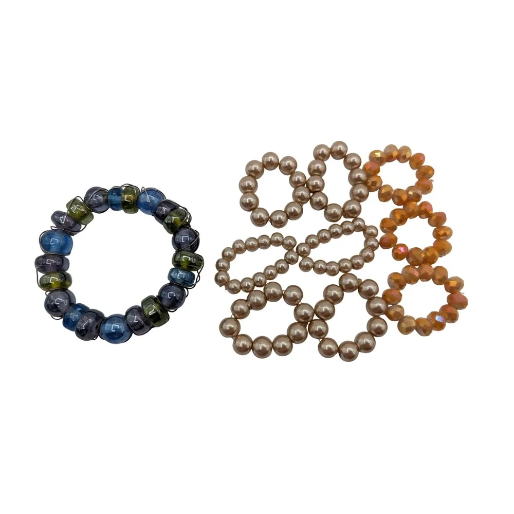 10pc Beaded Napkin Ring Set Faux Pearl Glass Amber Crystal Table Decor Assorted